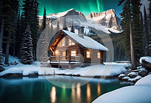 Emerald lake with snow-covered and wooden house at night on the lake shore, glowing stars