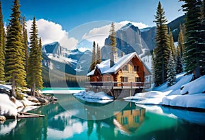 Emerald lake with snow-covered and wooden house at night on the lake shore, glowing stars