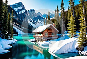 Emerald lake with snow-covered and wooden house at night on the lake shore, glowing stars