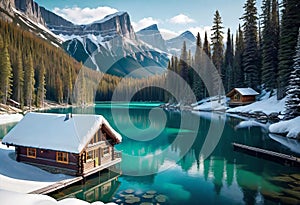 Emerald lake with snow-covered and wooden house at night on the lake shore, glowing stars