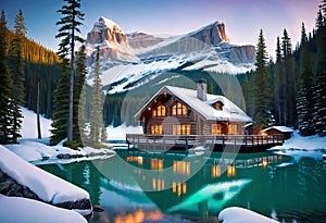 Emerald lake with snow-covered and wooden house at night on the lake shore, glowing stars