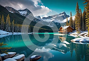 Emerald lake with snow-covered and wooden house at night on the lake shore, glowing stars