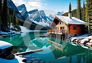 Emerald lake with snow-covered and wooden house at night on the lake shore, glowing stars