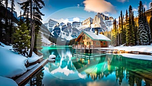 Emerald lake with snow-covered and wooden house at night on the lake shore, glowing stars