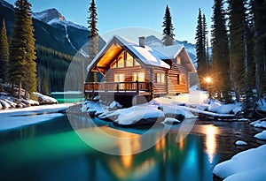 Emerald lake with snow-covered and wooden house at night on the lake shore, glowing stars