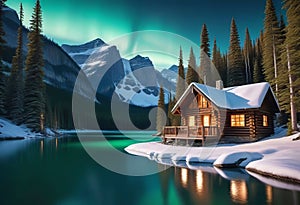 Emerald lake with snow-covered and wooden house at night on the lake shore, glowing stars