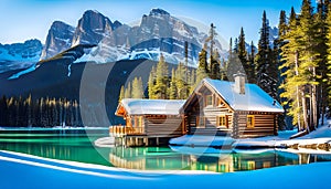 Emerald lake with snow-covered and wooden house at night on the lake shore, glowing stars