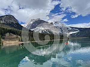 Emerald Lake in Yoho National Park with kayaks