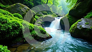 Emerald moss blankets ancient rocks, water tumbles down, mountain, geology, texture