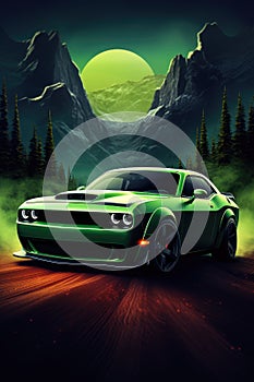 Emerald Power Unleashed: Dodge Challenger SRT Hellcat Redeye Amidst Majestic Mountains at Twilight