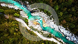 Emerald Soca River in Soca Valley, Slovenia. Aerial Drone Top Down view