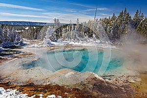 Emerald Spring at Norris Geyser Basin trail area, during winter in Yellowstone National Park, Wyoming