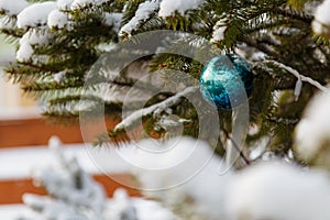 Emerald, virid bauble on fir branch covered with snow. Decorated christmas tree outdoors