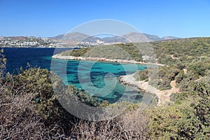 Emerald water of Aegean sea in Gulf of Gokova near Bodrum in Turkey Mediterranean sea.