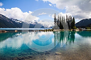 Emerald waters of Garibaldi Lake reflect bottle-green tree sihouettes