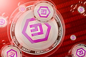 Emercoin crash, bubble. Emercoin EMC cryptocurrency coins in a bubbles on the binary code background