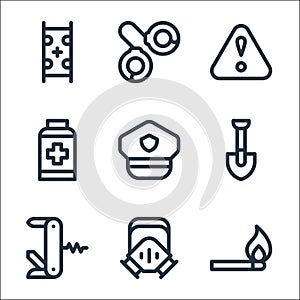 Emergencies line icons. linear set. quality vector line set such as match, gas mask, swiss army knife, shovel, police hat, pills,