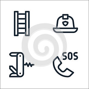 emergencies line icons. linear set. quality vector line set such as sos, swiss army knife, firefighter helmet