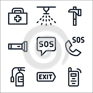 Emergencies line icons. linear set. quality vector line set such as walkie talkie, exit, fire extinguisher, sos, sos, flashlight,