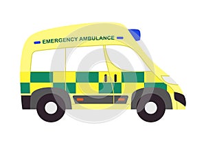 Emergency Ambulance british car in cartoon style. Isolated vector medical vehicle in United Kingdom