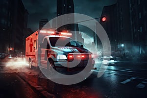 Emergency ambulance car fast driving on night city downtown district with motion blur.