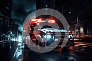 Emergency ambulance car fast driving on night city downtown district with motion blur.