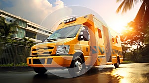 Emergency ambulance with motion blur speeding through urban streets with flashing lights and sirens