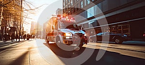 Emergency ambulance speeding through city streets with sirens blaring to respond to an urgent call