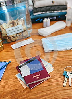 Emergency backpack equipment organized on the table