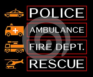 Emergency banners with ambulance, fire dept, rescue and police i