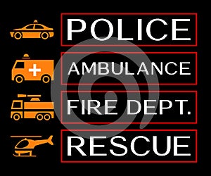 Emergency banners with ambulance, fire dept, rescue and police i photo