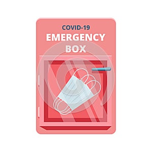 Emergency box with medical facial masks in red case of breakable glass. Shortage Coronavirus Phenomenon concept. COVID-19