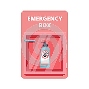 Emergency box with sanitized gel in red case of breakable glass. Shortage Coronavirus Phenomenon concept. COVID-19 protection.