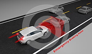 Emergency Braking Assist EBA sysyem to avoid car crash concept. Smart Car technology, 3D rendering photo