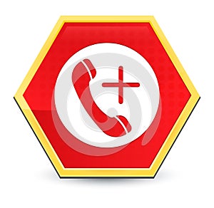 Emergency call icon abstract red hexagon button bright yellow frame elegant design