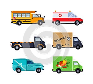 Emergency Car, Tow Truck, Delivery Van, Post and Grocery Lorry as City Traffic Side View Vector Set
