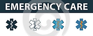 Emergency Care icon set. Four elements in diferent styles from medicine icons collection. Creative emergency care icons filled,