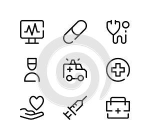 Emergency care line icons set. Modern linear symbols, simple outline elements collection. Vector line icons