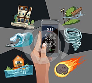 Emergency cataclysms set with phone. Windstorm, hurricane, earthquake, waterflood, meteorite