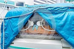 Emergency child incubator. Intensive newborn hospital equipment.