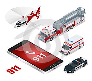 Emergency concept. Ambulance, Police, Fire truck, cargo truck, helicopter, emergency number 911. Flat 3d isometric