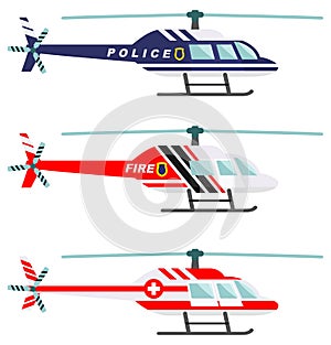 Emergency concept. Detailed illustration of medical, police and fire helicopter in flat style on white background