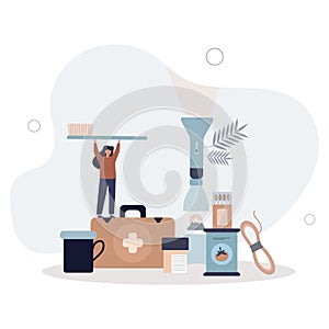Emergency crisis preparedness with basic essential items.Escape and evacuation kit with survival elements.flat vector illustration