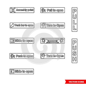 Emergency escape labels icon set of outline types. Isolated vector sign symbols. Icon pack