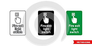 Emergency escape sign fire exit light switch icon of 3 types color, black and white, outline. Isolated vector sign symbol