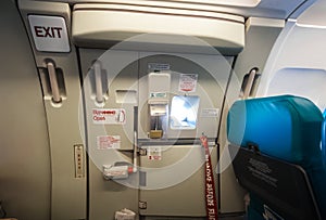 Emergency exit door in airplane