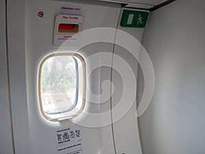 Emergency exit doors on the plane with the door opening method