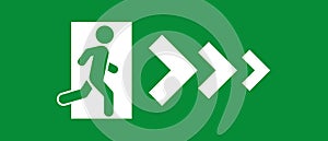 Emergency exit green sign with arrow, exit person out door for protection. Man go out through door, warning sign. Vector