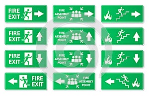 Emergency exit green signs, fire exit, fire assembly point symbols. Evacuation lane, running man and arrow sign green plates