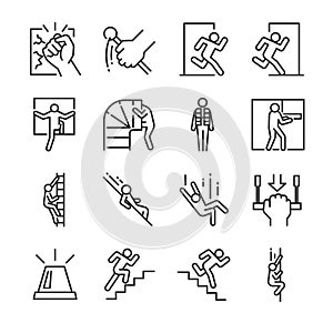 Emergency exit icon set. Included the icons as evacuation, run, escape, alarm, life jacket, chute and more. photo